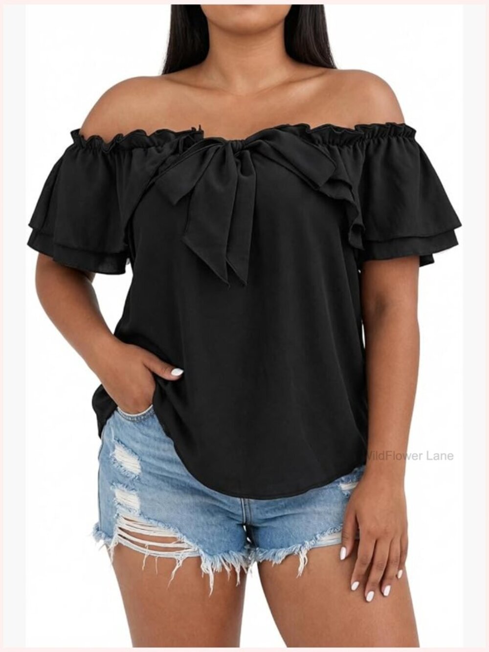 Plus Size Off Shoulder Ruffle Blouse Summer Tie Front Top